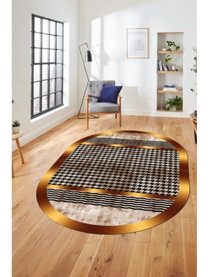 Evdeya Baskılı Kaymaz Taban Yıkanabilir Sade Modern Yolluk Mutfak Oval Salon Halısı O-Modern-10-Kahve