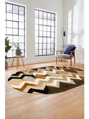 Evdeya Etnik Modern Desen Dijital Kaymaz Yıkanabilir Oval Yolluk Mutfak Salon Halısı O-Modern-24-Kahve