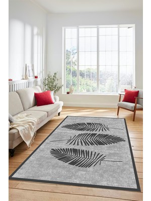 Evdeya Baskılı Kaymaz Yıkanabilir Modern Yaprak Desen Yolluk Mutfak Salon Halısı Modern-41-Gri