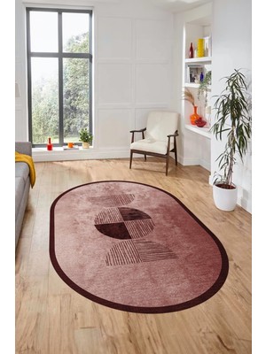 Evdeya Baskılı Kaymaz Taban Yıkanabilir Modern Oval Yolluk Mutfak Salon Halısı O-Modern-94-Bordo