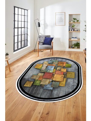 Evdeya Çerçeveli Desenli Dijital Kaymaz Yıkanabilir Oval Yolluk Mutfak Salon Halısı O-Modern-13-Renkli