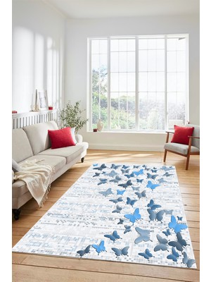 Evdeya Dijital Baskılı Kaymaz Yıkanabilir Kelebek Desen Yolluk Mutfak Salon Halısı Modern-42-Mavi