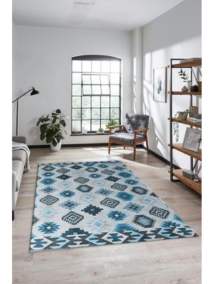 Evdeya Etnik Baskılı Kaymaz Taban Yıkanabilir Modern Yolluk Salon Halısı Modern-99-Mavi