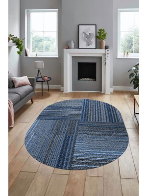 Evdeya 3D Modern Kilim Desen Dijital Kaymaz Yıkanabilir Oval Yolluk Mutfak Salon Halısı O-Modern-34-Mavi