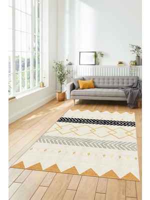 Evdeya Sade Modern Kilim Desenli Dijital Kaymaz Yıkanabilir Yolluk Mutfak Salon Halısı Modern-75-Krem