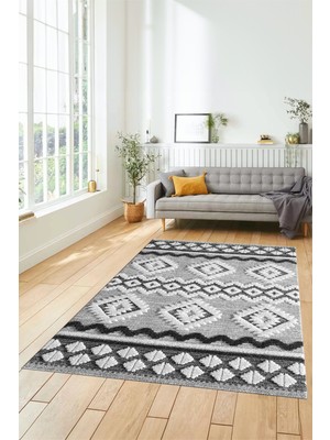 Evdeya 3D Baskılı Kaymaz Yıkanabilir Şık Kilim Desen Yolluk Mutfak Halısı Salon Halısı Modern-68-Gri