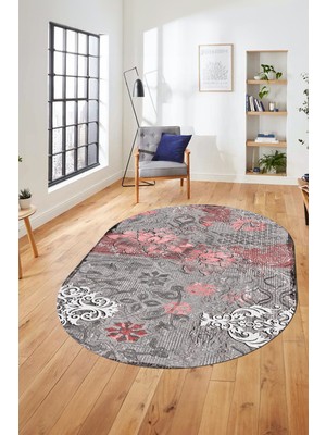 Evdeya Çiçekli Modern Dijital Kaymaz Yıkanabilir Oval Yolluk Mutfak Salon Halısı O-Modern-15-Pembe