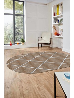 Evdeya Sade Desenli Baskılı Kaymaz Taban Yıkanabilir Oval Yolluk Salon Halısı O-MODERN-116-KAHVE