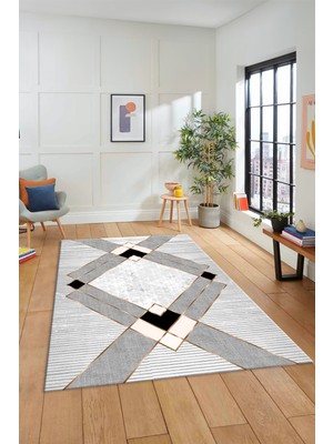 Evdeya Şık Tasarım Modern Desenli Dijital Kaymaz Yıkanabilir Yolluk Mutfak Salon Halısı Modern-12-Krem