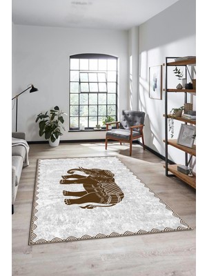Evdeya Fil Desen Baskılı Kaymaz Taban Yıkanabilir Modern Yolluk Salon Halısı MODERN-101-KAHVE