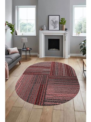 Evdeya 3D Modern Kilim Desen Dijital Kaymaz Yıkanabilir Oval Yolluk Mutfak Salon Halısı O-Modern-34-Pembe