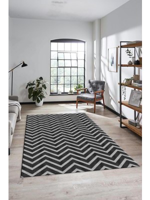 Evdeya Zikzak Desen Baskılı Kaymaz Taban Yıkanabilir Modern Yolluk Salon Halısı MODERN-102-ANTRASİT