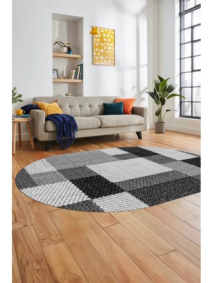 Evdeya 3D Renkli Modern Tasarım Dijital Kaymaz Yıkanabilir Oval Yolluk Salon Halısı O-Modern-77-Gri