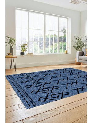 Evdeya Sade Desen Özel Tasarım Dijital Kaymaz Yıkanabilir Yolluk Mutfak Salon Halısı Modern-87-Mavi