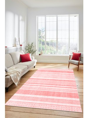 Evdeya Modern Kilim Desenli Dijital Kaymaz Yıkanabilir Yolluk Mutfak Salon Halısı Modern-36-Pembe