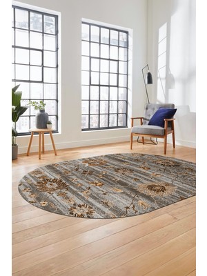 Evdeya Modern Etnik Desen Dijital Kaymaz Yıkanabilir Oval Yolluk Mutfak Salon Halısı O-Modern-30-Kahve