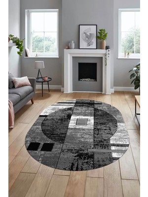 Evdeya Modern Göbekli Desen Dijital Kaymaz Yıkanabilir Oval Yolluk Mutfak Salon Halısı O-Modern-33-Gri