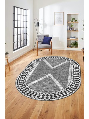 Evdeya Baskılı Ince Kaymaz Taban Yıkanabilir Modern Yolluk Mutfak Oval Salon Halısı O-Modern-07-Antrasit