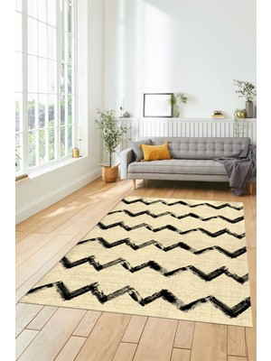 Evdeya Modern Çizgili Zik Zak Desen Dijital Kaymaz Yıkanabilir Mutfak Yolluk Salon Halısı Modern-71-Krem