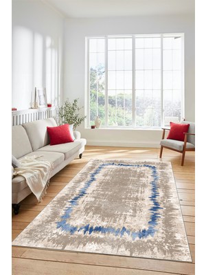 Evdeya Modern Sade Desenli Dijital Kaymaz Yıkanabilir Yolluk Mutfak Salon Halısı Modern-37-Mavi