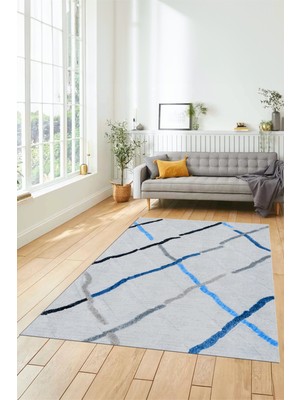 Evdeya Şık Sade Modern Desenli Dijital Kaymaz Yıkanabilir Yolluk Mutfak Salon Halısı Modern-73-Mavi