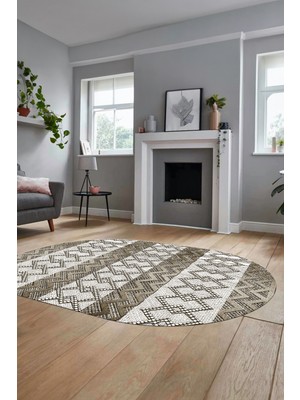 Evdeya Baskılı Kaymaz Yıkanabilir Şık Oval Koridor Halısı Mutfak Halısı Salon Halısı O-Modern-56-Vizon