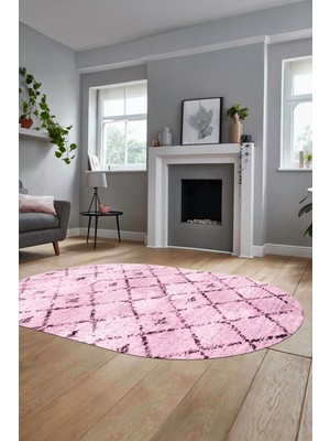 Evdeya Baskılı Kaymaz Yıkanabilir Kilim Desen Oval Yolluk Mutfak Halısı Salon Halısı O-Modern-57-Pembe