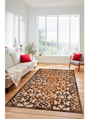 Evdeya Modern Klasik Desen Dijital Kaymaz Yıkanabilir Yolluk Mutfak Salon Halısı Modern-32-Kahve