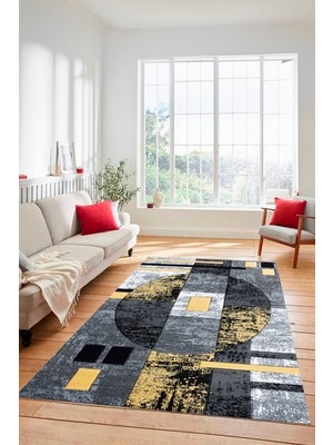 Evdeya Modern Göbekli Desen Dijital Kaymaz Yıkanabilir Yolluk Mutfak Salon Halısı Modern-33-Sarı