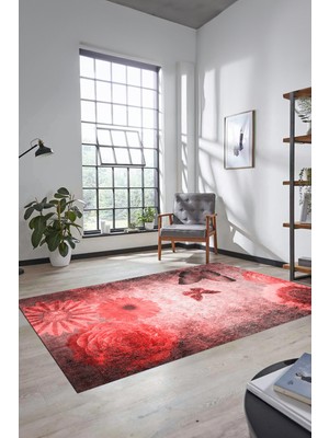 Evdeya Baskılı Kaymaz Taban Yıkanabilir Modern Yolluk Mutfak Salon Halısı MODERN-109-KIRMIZI