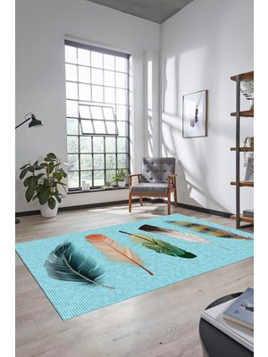 Evdeya Yaprak Desen Baskılı Kaymaz Taban Yıkanabilir Modern Yolluk Salon Halısı MODERN-114-MAVİ