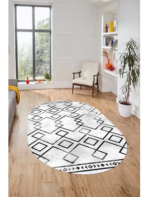 Evdeya Modern Sade Desen Dijital Kaymaz Yıkanabilir Oval Yolluk Mutfak Salon Halısı O-Modern-91-Siyah