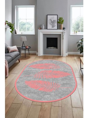 Evdeya Baskılı Kaymaz Yıkanabilir Modern Yaprak Desen Oval Yolluk Mutfak Salon Halısı O-Modern-41-Pembe