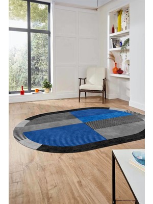 Evdeya Baskılı Kaymaz Taban Yıkanabilir Modern Şık Oval Yolluk Mutfak Salon Halısı O-MODERN-107-MAVİ