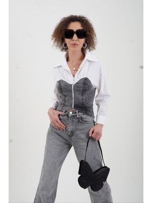 Zelish My Sister Beyaz Antrasiti Denim Büstiyer Detaylı Fermuarlı Gömlek