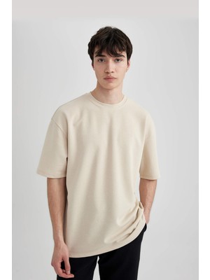 DeFacto Oversize Geniş Kalıp Bisiklet Yaka Kısa Kollu Basic Düz Ağır Kumaş Tişört X3926AZ24SP