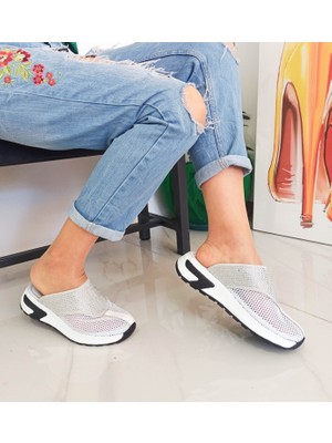 Gdt Ayakkabı Beyaz Renk Düz Taban Taşlı Fileli Kadın Spor Terlik