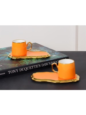 Sembol Cassandra Ikram Tabaklı Gold Yaldız 2 Kişilik Porselen Nescafe Çay Fincan Takımı Turuncu Purebone-67