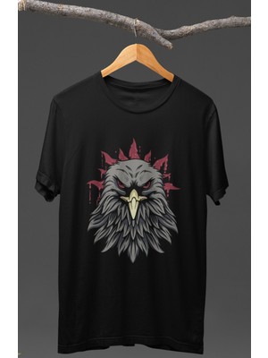 Fuddy Moda Kızgın Kartal Baskılı T-Shirt Unisex Siyah-Beyaz Kartal Baskılı T-Shirt