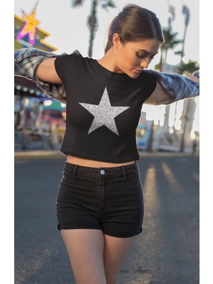 Fuddy Moda Simli Görünümlü Yıldız Baskılı Crop Top, Star Baskılı Crop Bluz