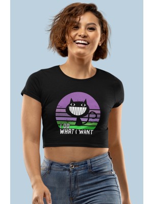 Fuddy Moda I Do, What I Want Yazılı  Crop Top, Sevimli Kedi Baskılı Crop Bluz