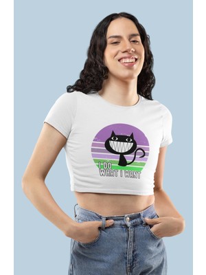 Fuddy Moda I Do, What I Want Yazılı  Crop Top, Sevimli Kedi Baskılı Crop Bluz