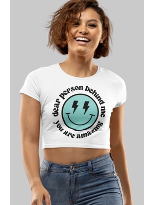 Fuddy Moda Happy Smiley Baskılı Crop Top, Kadın Mutlu Yüz Baskılı Crop Bluz