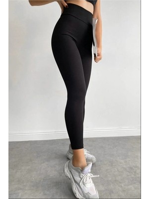Madams Mumu Siyah  Fitilli Tayt, Toparlayıcı Yüksek Bel Fitilli Çizgili Spor Günlük Kadın Tayt