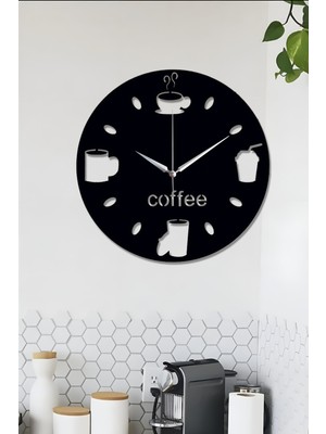 Ensa Design Coffee Fincanli Modern Ahşap Duvar Saati, Kahve Fincanli Dekoratif Saat 40X40CM