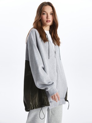 Dexia Tokyo - Fermuarlı Kapuşonlu Kumaş Karışımlı Oversize Sweatshirt - Gri-Haki Renk