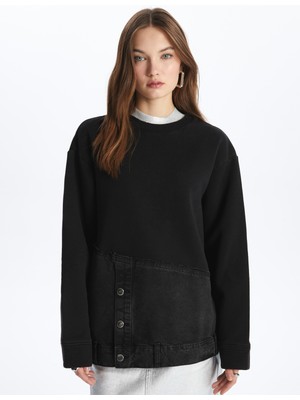 Dexia Kyoto - Bisiklet Yaka Denim-Penye Kumaş Karışımlı Oversize Parçalı Sweatshirt - Siyah Renk