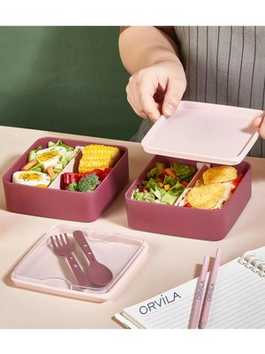 Orvila 2 Katlı Kare Lunchbox Yemek Saklama Kabı Beslenme Kutusu Seti-Sporcu Öğrenci Fitness Okul Işyeri Sefer Tası