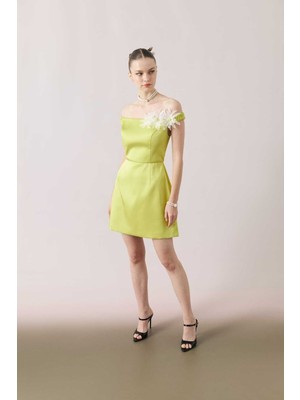 ROMAN Çiçek Detaylı Kayık Yaka Saten Mini Elbise Sarı Y2411505_009