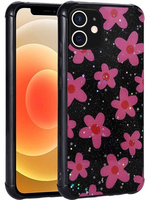 Bulut E-Ticaret Apple iPhone 12 - Uyumlu Simli Desenli Kamera Korumalı Parlak Bulut E-Ticaret Popy Kapak-Çiçek